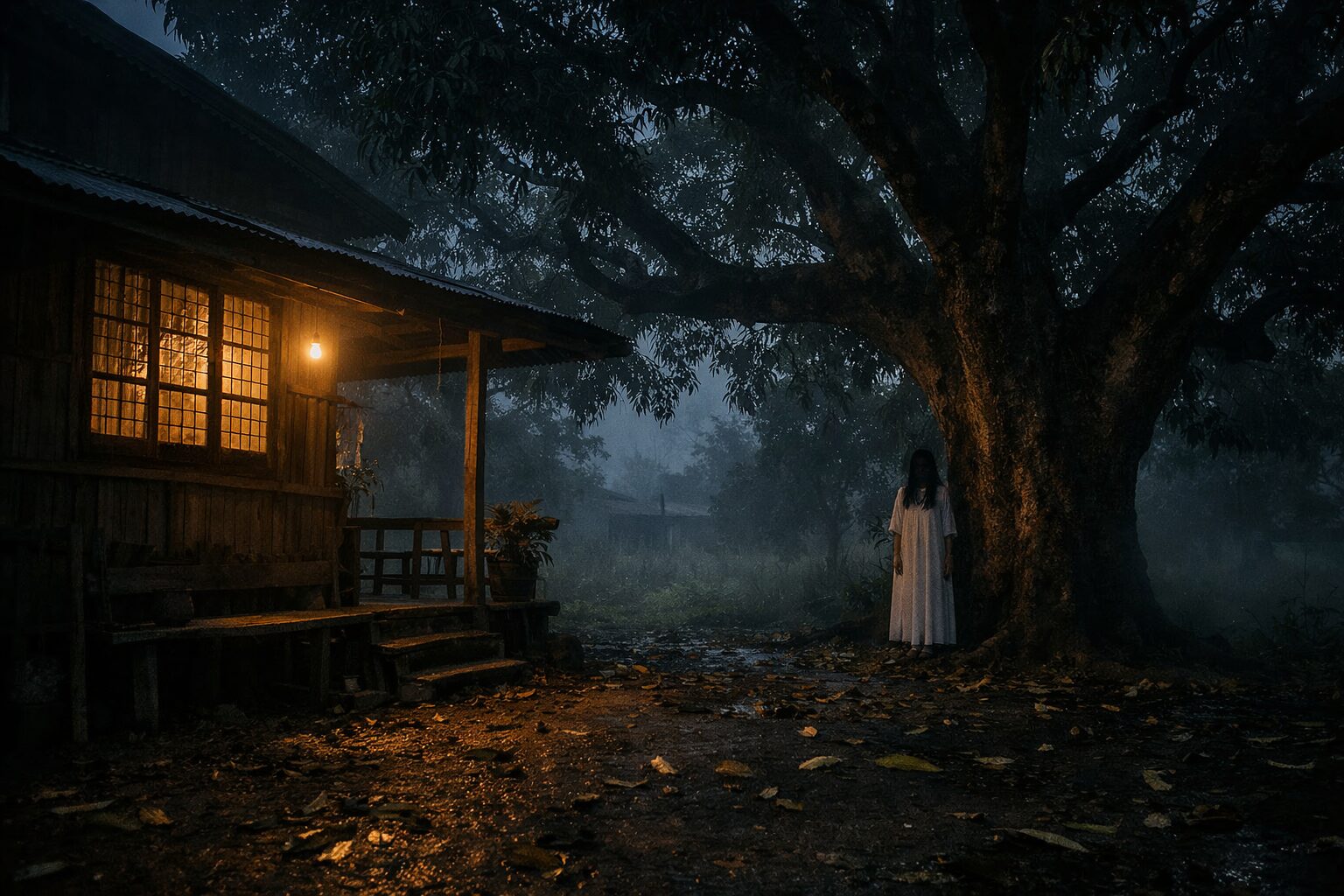 The Woman in White Beside the Mango Tree